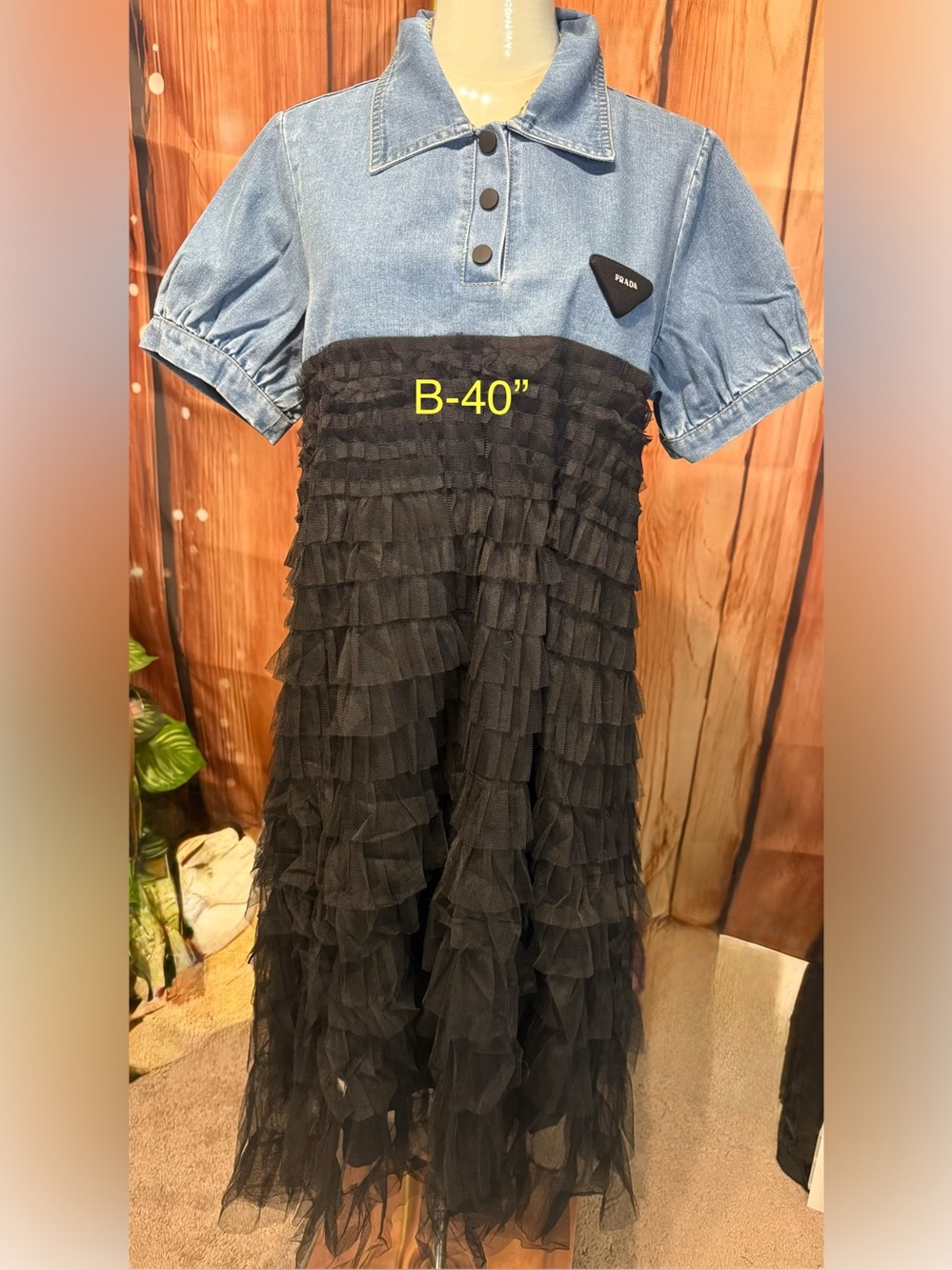 Light Blue Denim Top with Black Ruffled Tulle Skirt